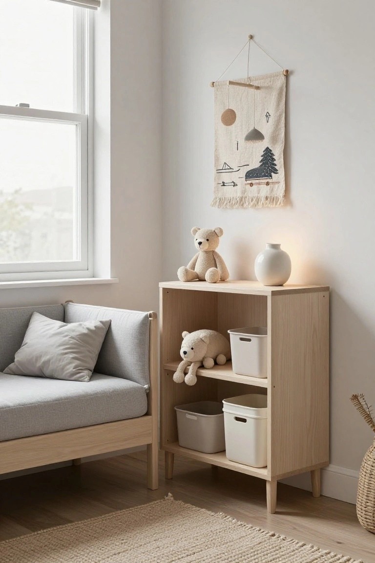 A light wood storage cabinet with open shelves and bins stands next to a gray sofa beneath a wall hanging in a bright room.