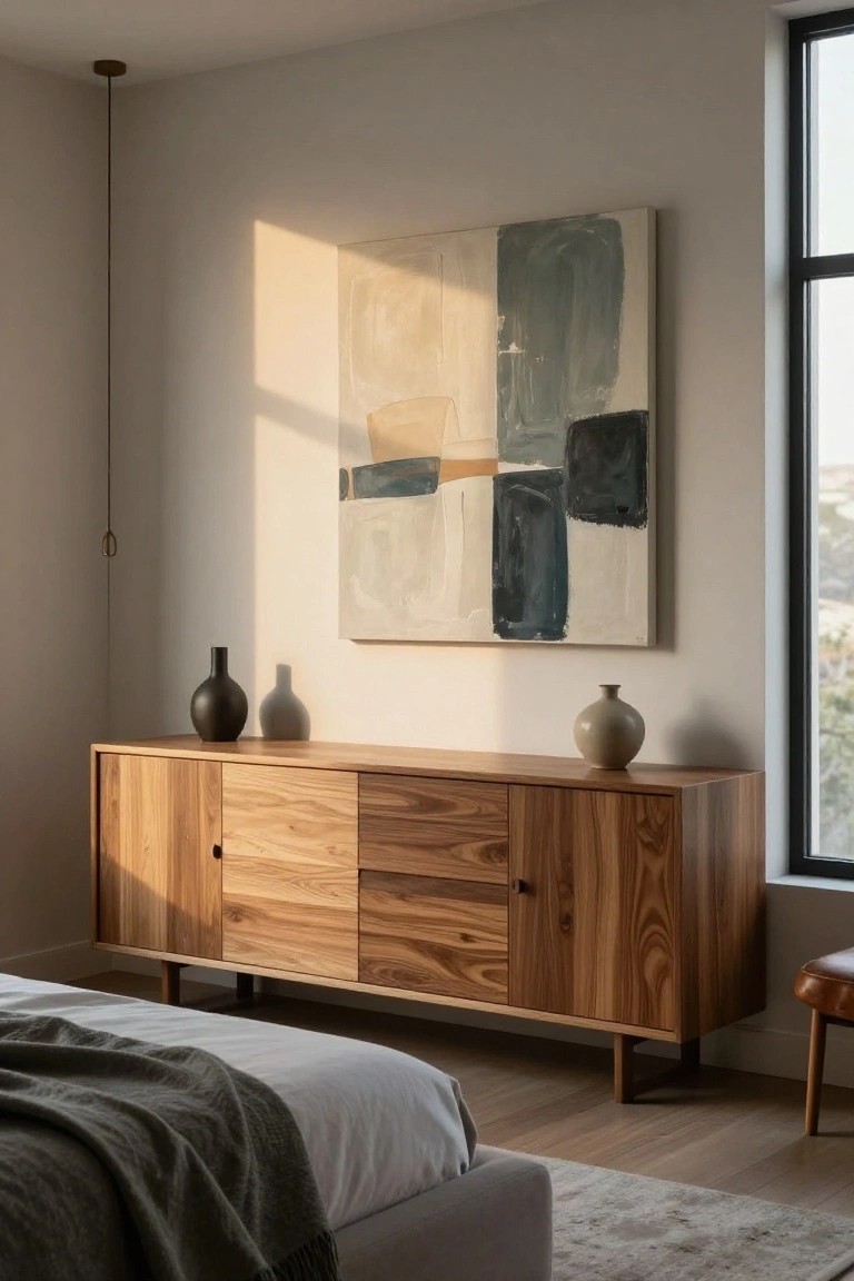 A bedroom interior with a long wooden cabinet positioned beside a bed, topped with three ceramic vases and placed below a large abstract painting on a light-colored wall.