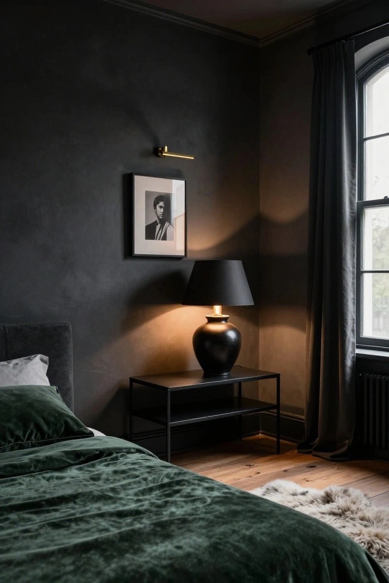 Dark bedroom with green velvet bedding, black lamp, and framed portrait.