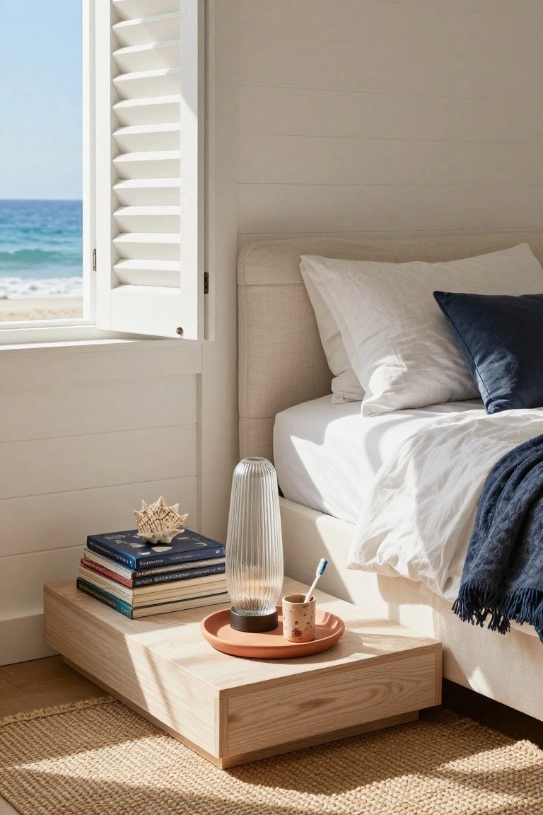 Coastal bedroom with white linens, wooden nightstand, ocean-view window.