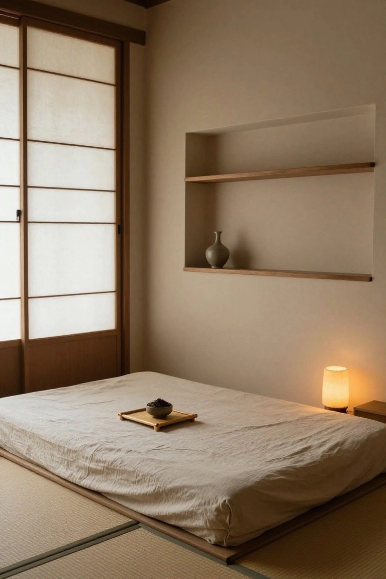 A minimalist bedroom with a low platform bed on tatami mats, a small glowing lamp on a low wooden stand to the right of the bed, and a recessed wall shelf holding a single vase.