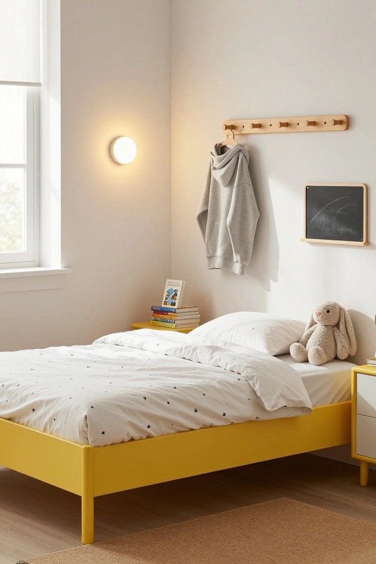 A modern child's bedroom featuring a low yellow bed with white star-patterned bedding, a matching small yellow nightstand, and minimal wall decor including a hanging hoodie and chalkboard.