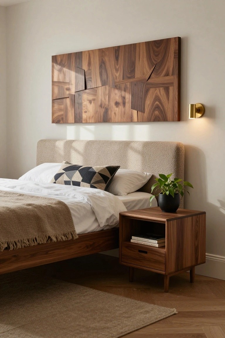 A modern bedroom with a walnut bed frame, matching wooden nightstand with open shelf and drawer, textured beige headboard, and geometric wall art above the bed.