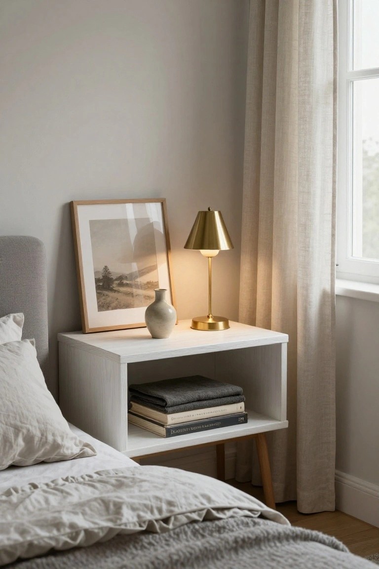 A white bedside table with open lower shelf holding stacked books and folded linens, topped with a lit brass lamp, ceramic vase, and framed landscape print, next to a bed with white and gray bedding.