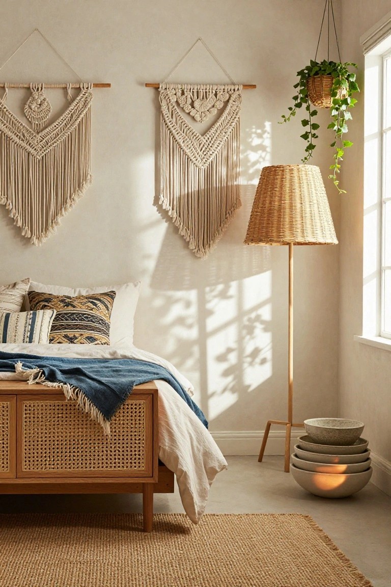 A minimalist bedroom with a wooden bed frame featuring cane panels, two macrame wall hangings, a tall floor lamp with a woven shade, and stacked bowls on the floor next to a window.