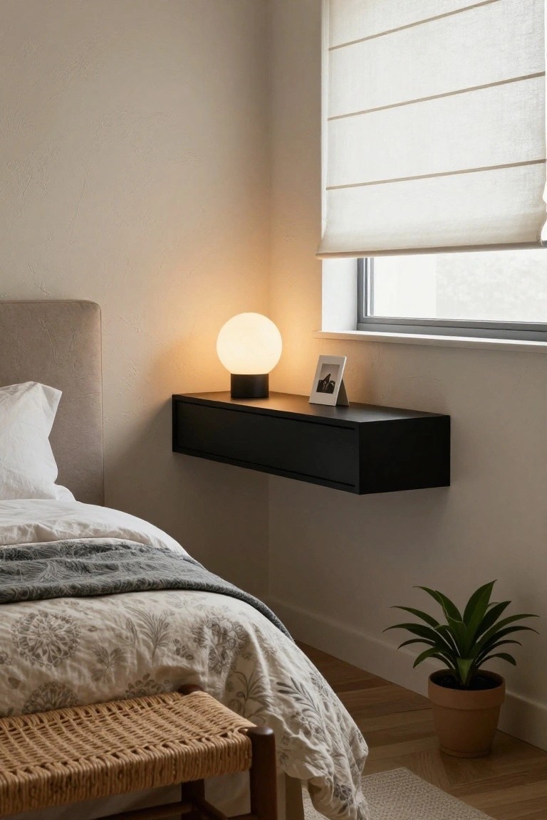 A black floating drawer shelf mounted on a bedroom wall beside a bed, holding a round lamp and a small picture frame.