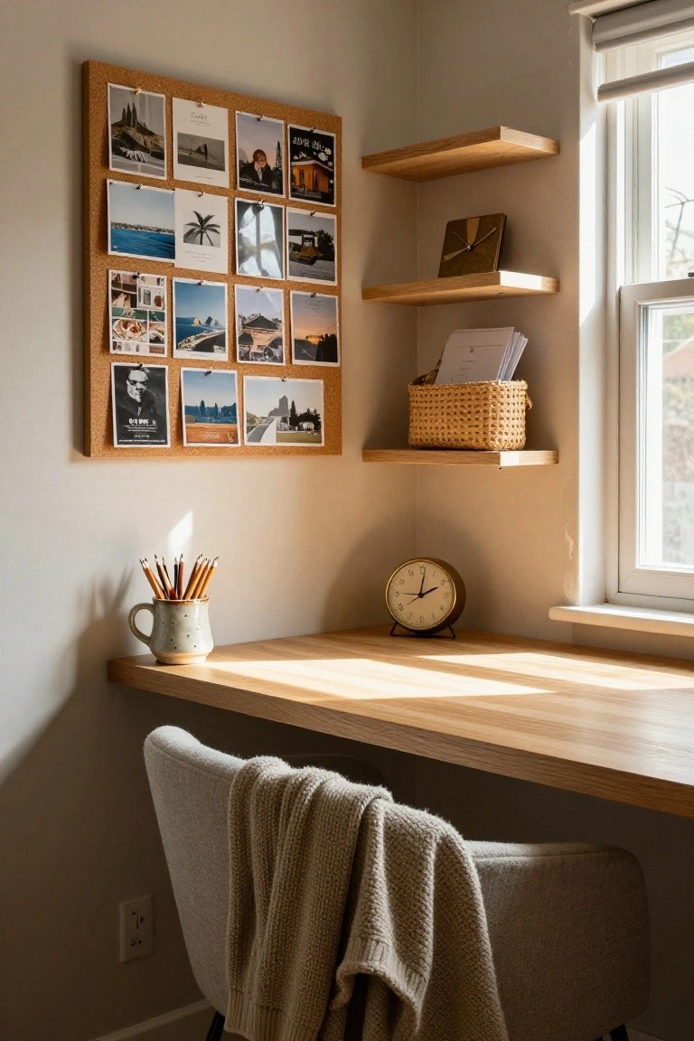 Wooden desk with corkboard, floating shelves, clock, and cozy chair.