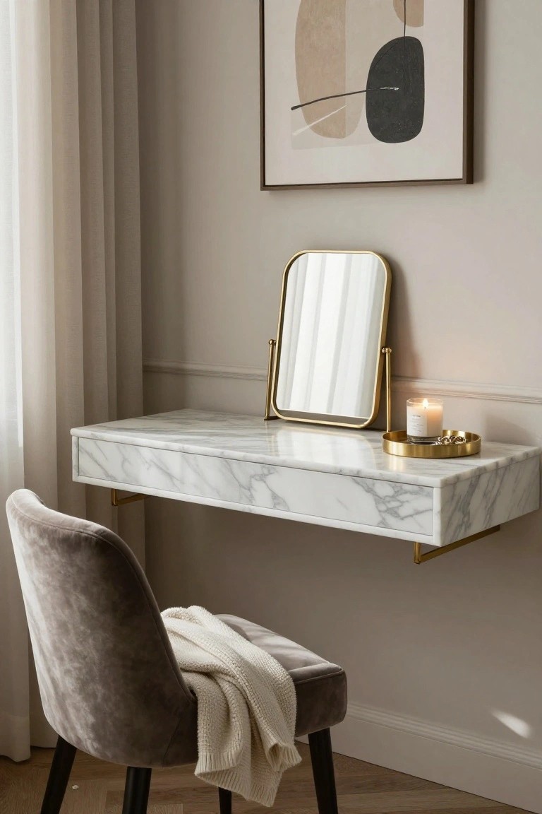 A white marble floating desk mounted on a beige wall with gold brackets, a small standing mirror, and a gray velvet chair in front.