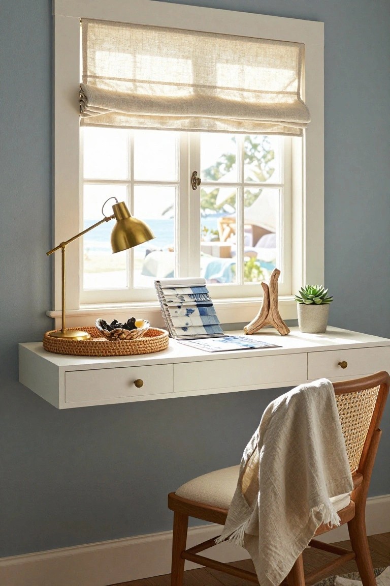 A white floating desk with a brass lamp sits below a window with a beige roman shade, next to a wooden chair draped with a light cloth.