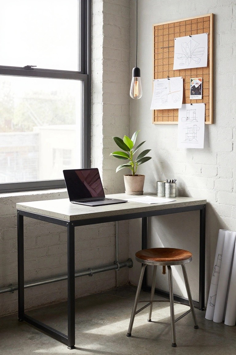 Modern industrial desk with laptop, plant, and stool by window.
