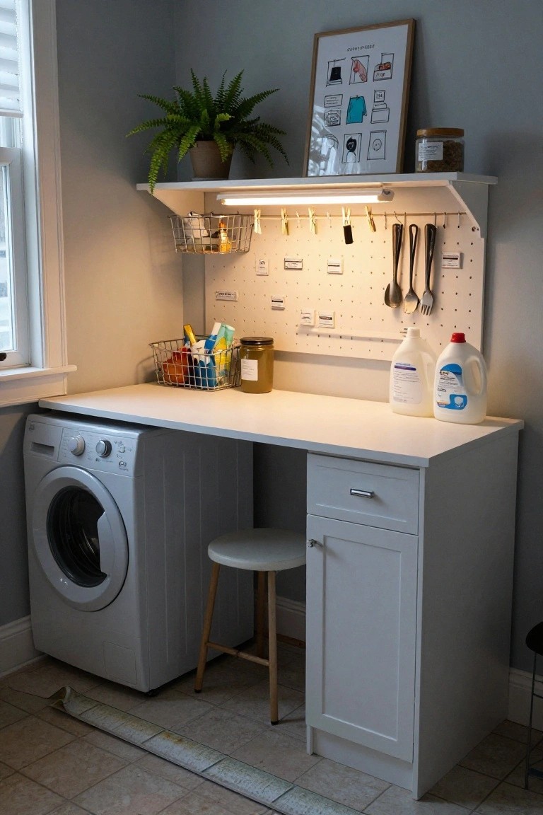 A laundry room corner with a white countertop over a front-loading washer, a gray cabinet and drawer unit on the right, a wooden stool, and a pegboard with hooks and a lit shelf above.
