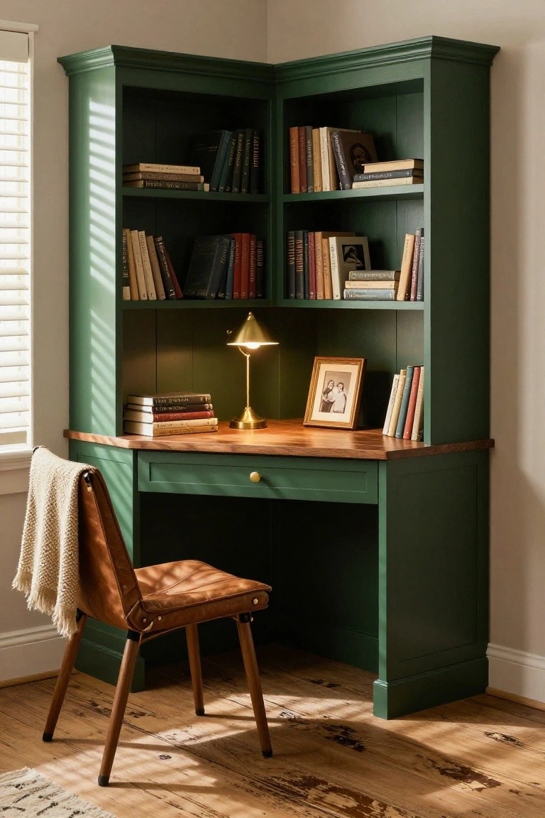 Green corner desk with bookshelves, brass lamp, leather chair, and wooden floor.