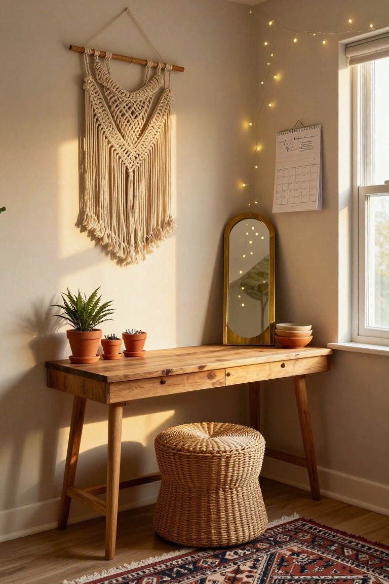 A cozy boho corner with a wooden desk, macrame wall hanging, and woven stool.