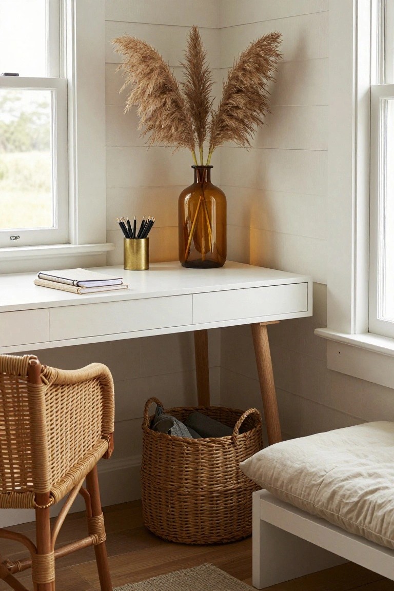 A white corner desk with two wooden legs sits between two windows, with a large woven basket placed underneath and a rattan chair pulled up to one side.