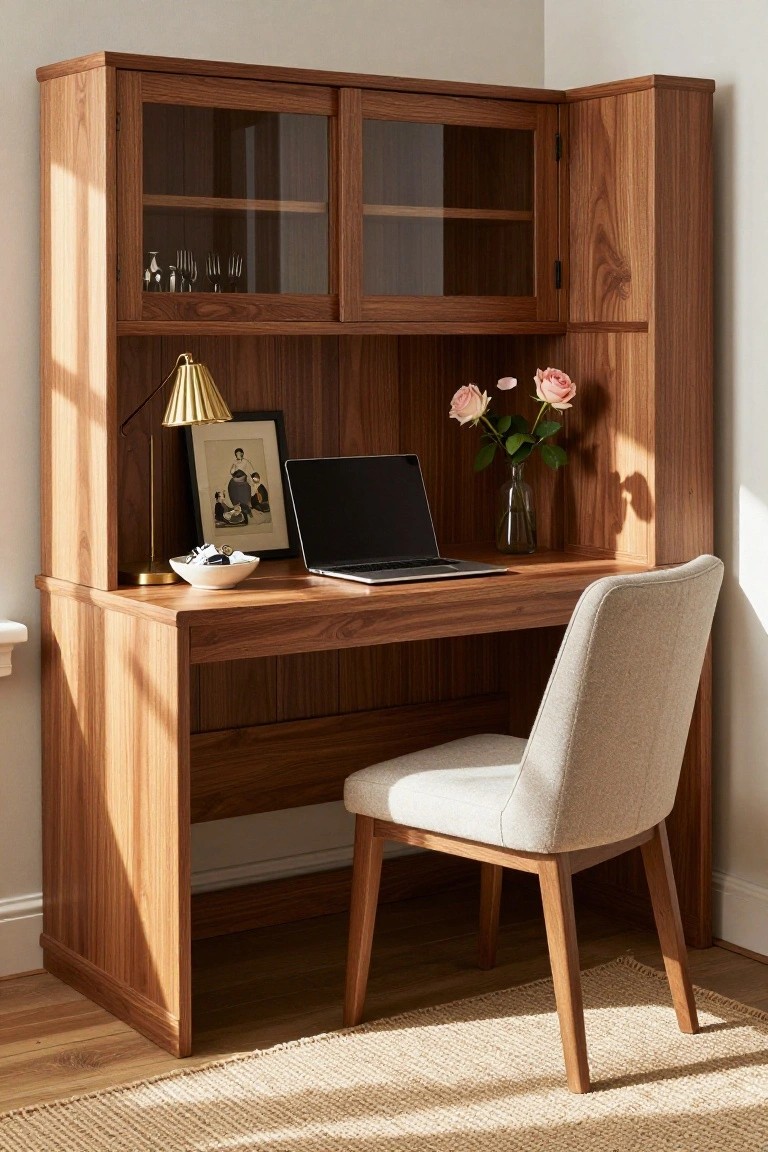 A wooden corner desk unit with upper glass cabinets, a laptop on the desk surface, a desk lamp, framed photo, vase of flowers, and a beige upholstered chair pulled up to the desk.