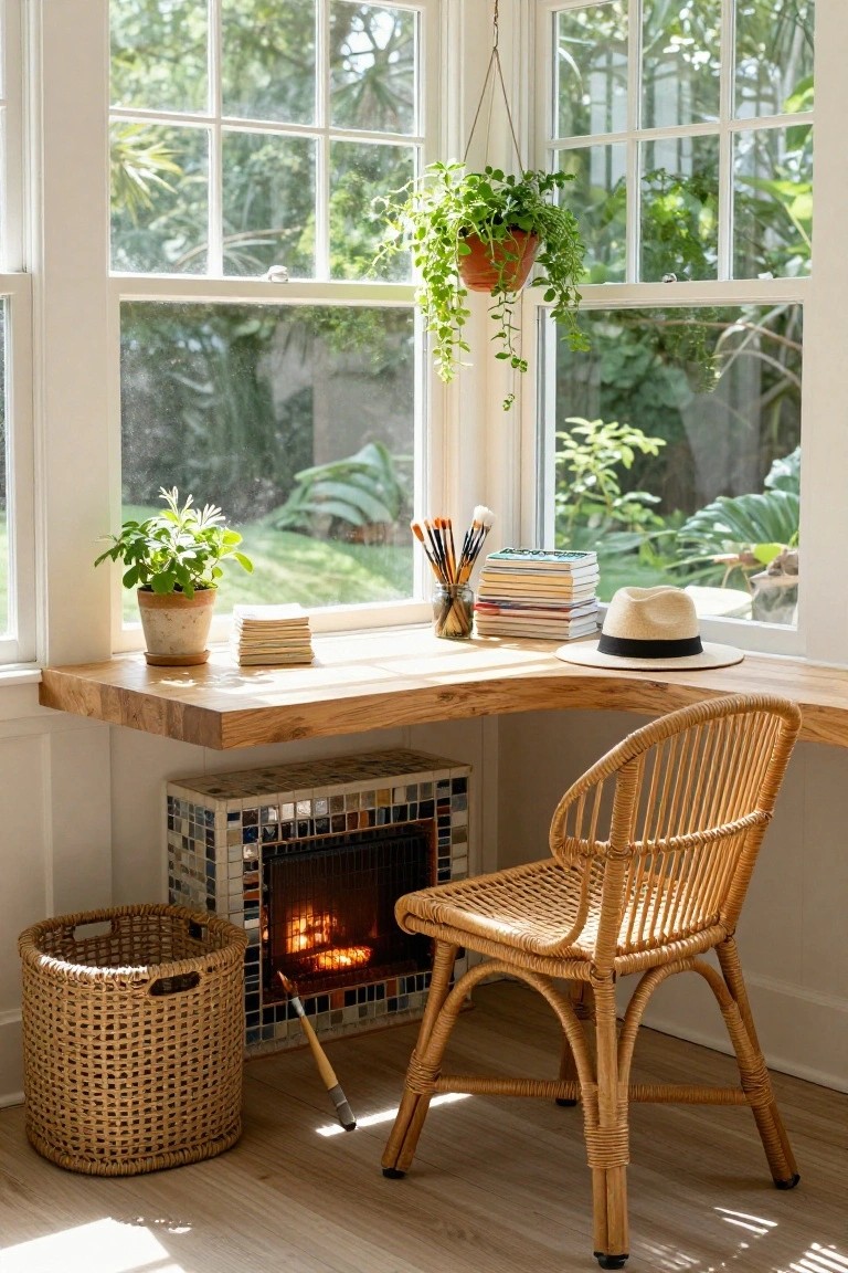 Cozy wooden desk nook with wicker chair, fireplace, books, and plants.