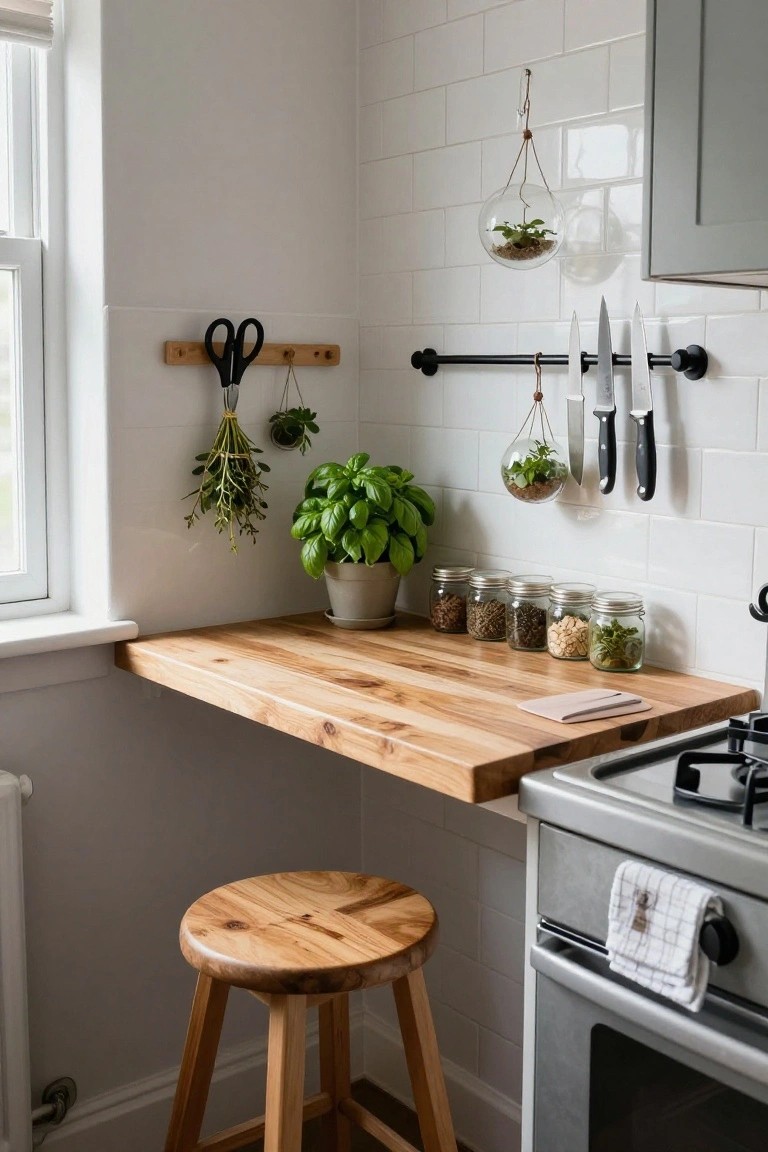 Wooden kitchen counter with stool, herbs, knives, and white tile wall.