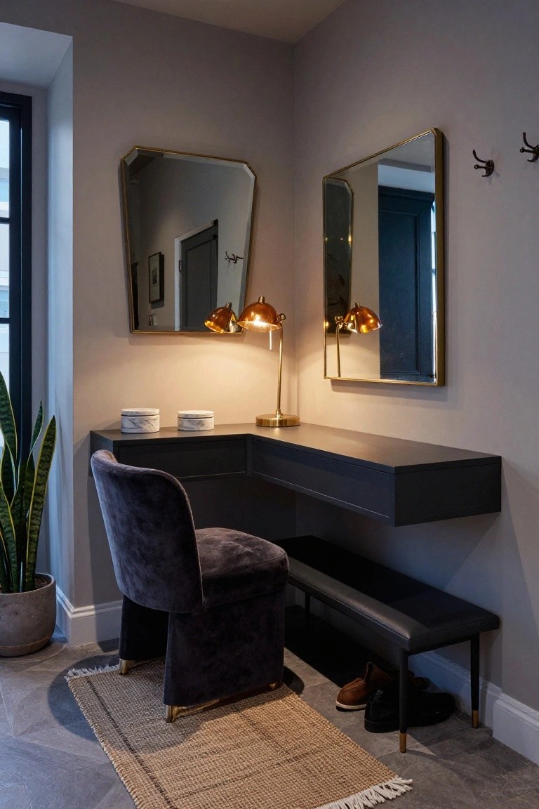 A dark floating corner desk mounted in a room corner with a velvet chair, black bench, two gold-framed mirrors, and a brass lamp on a light gray wall.