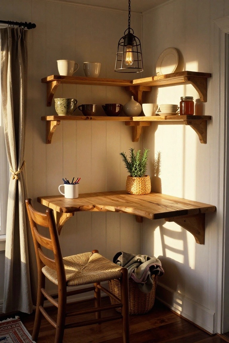 A wooden floating corner desk mounted on white paneled walls with wooden shelves above holding dishes and a woven basket on the desk surface.