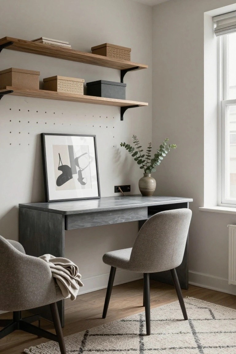 A gray floating corner desk with wooden shelves above it, two upholstered chairs, and minimal wall decor in a light room.