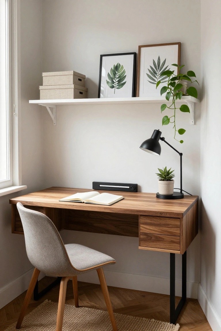 Modern wooden desk with open book, black lamp, and wall shelf above.