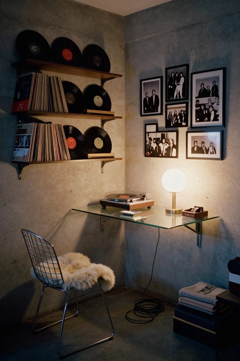 A cozy music corner with vinyl shelves, turntable, glass desk, and framed photos.