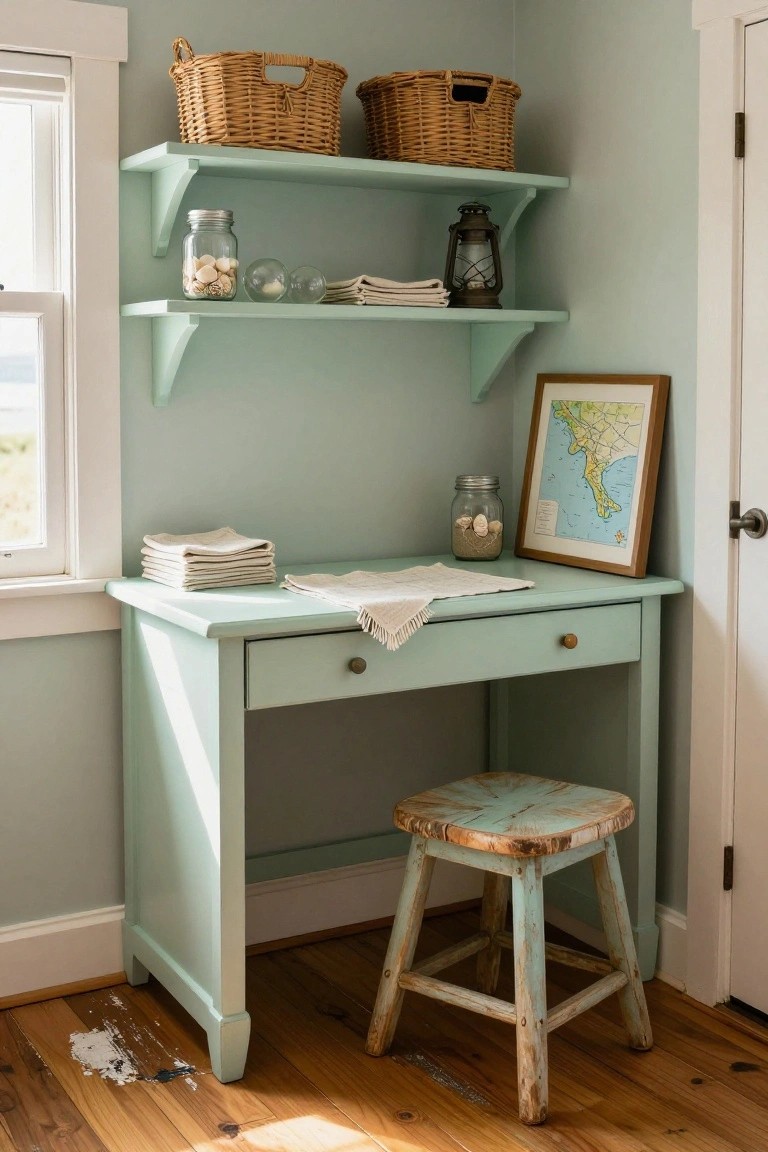 A mint green corner desk sits under two floating shelves in a room with a window on the left and a wooden stool in front.