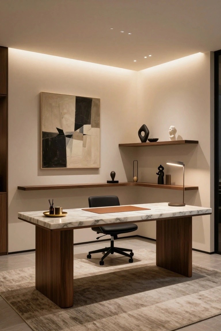 Modern minimalist home office with marble desk, abstract art, and floating shelves.