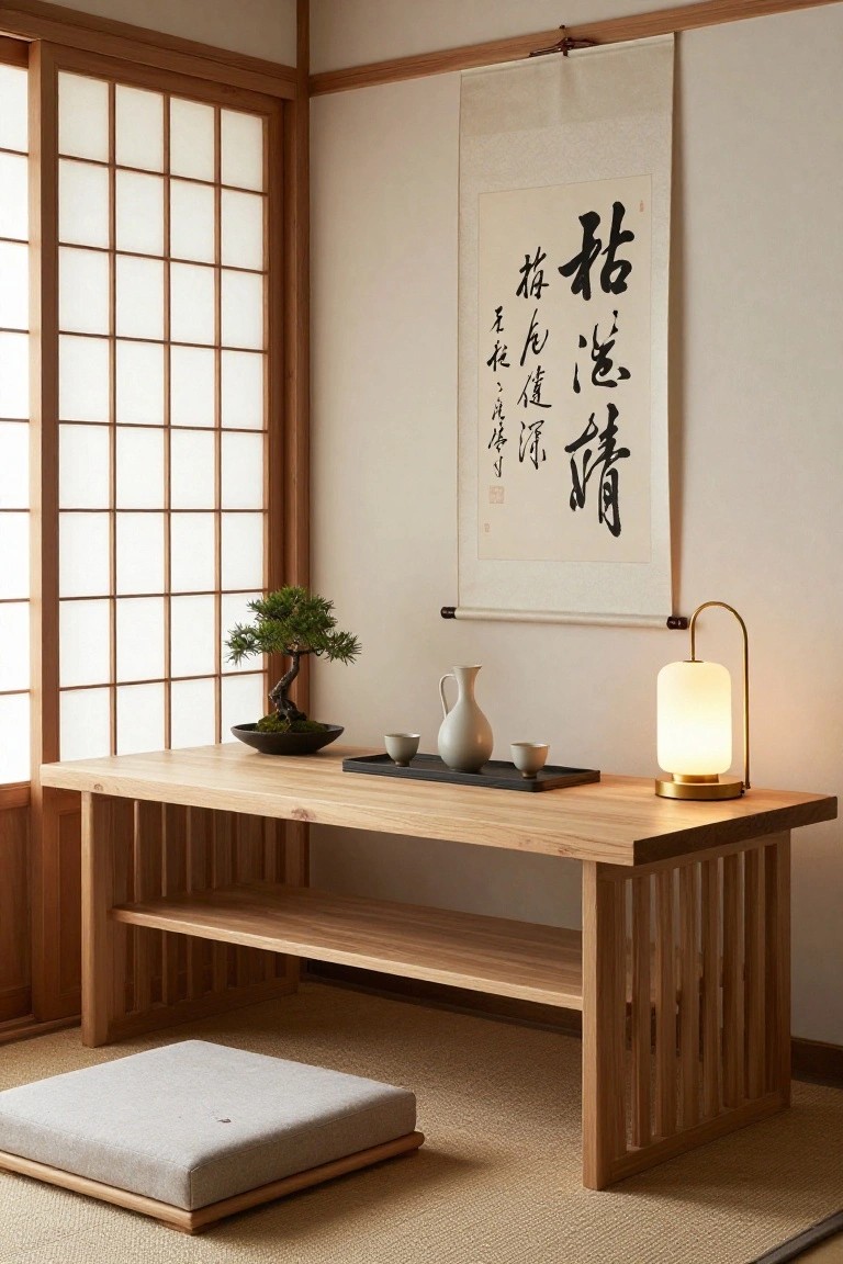 Japanese-style wooden table with bonsai, tea set, scroll, and lamp.