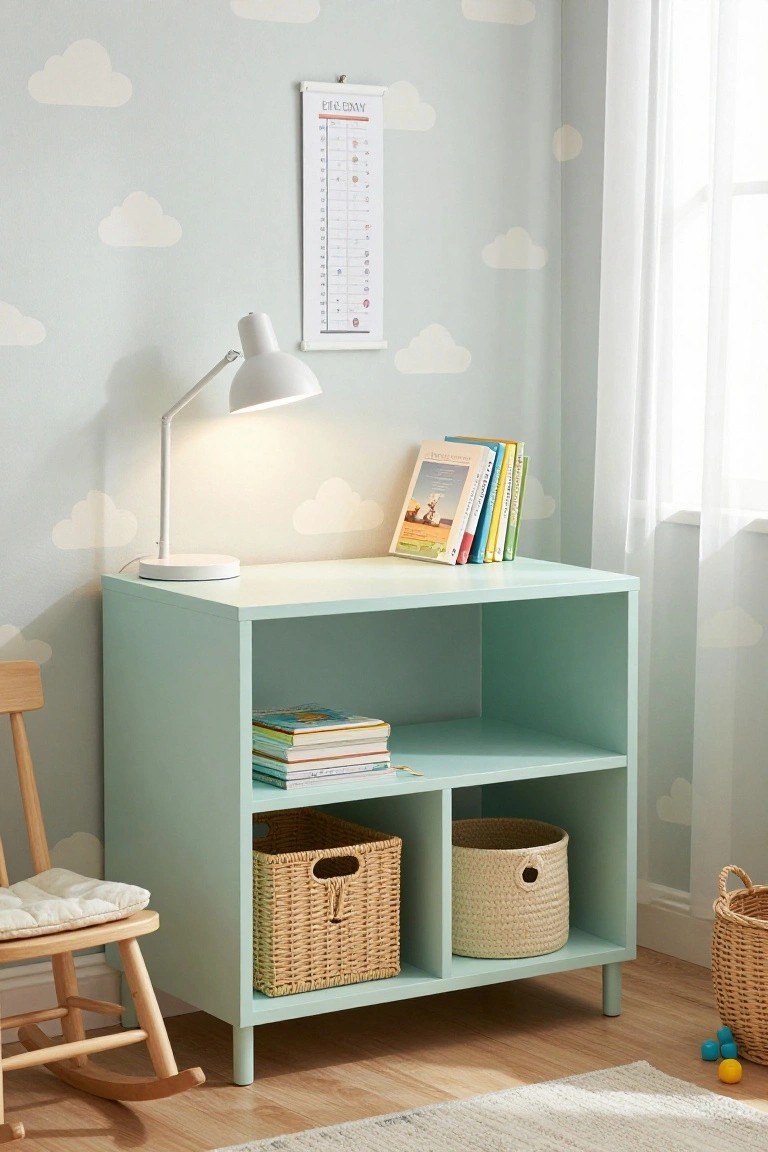 A mint green storage unit with open shelves, woven baskets, stacked books, and a white desk lamp in a light blue child's room.