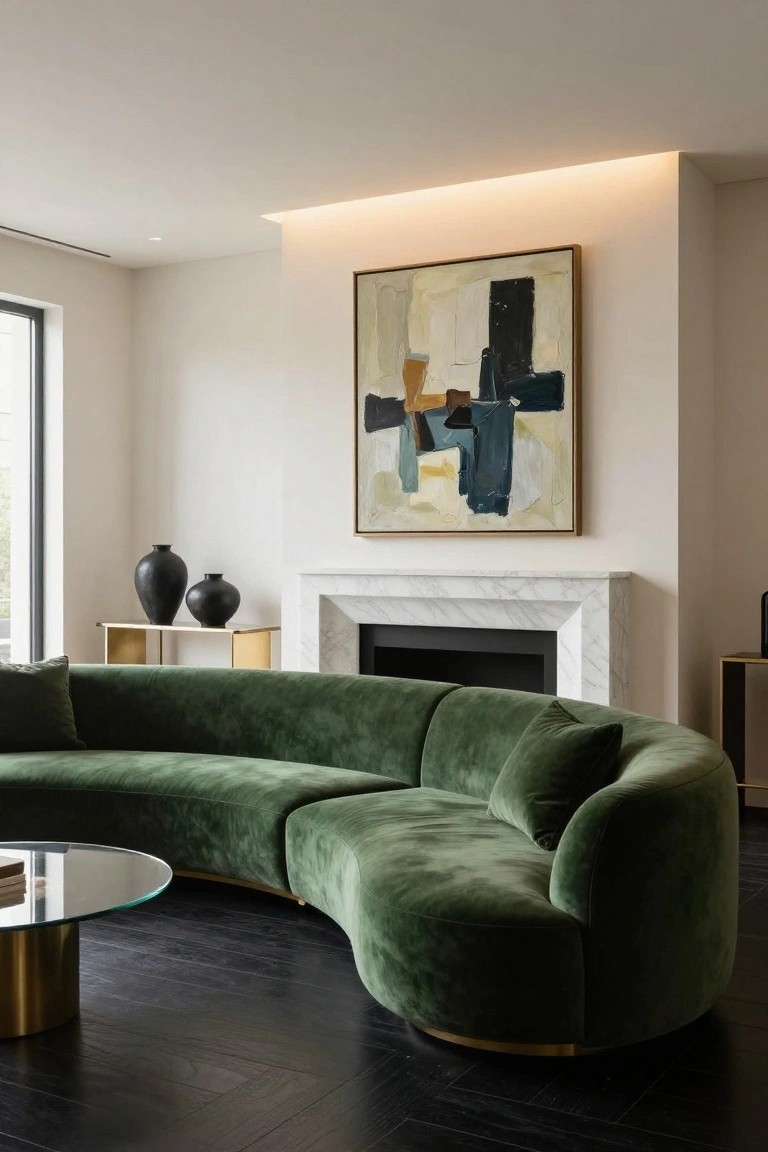 Modern living room with a large curved emerald green velvet sofa, round glass coffee table on gold base, marble fireplace, black ceramic vases on gold console, and abstract painting on wall.