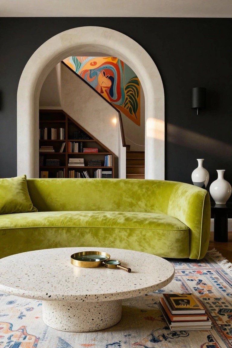 Living room with curved green velvet sofa facing arched doorway to staircase with colorful mural and bookshelves, white terrazzo coffee table with magnifying glass and stacked books on patterned rug, flanked by tall white vases.