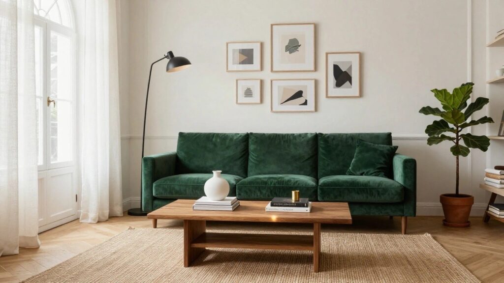 A bright living room with a green velvet three-seater sofa, low wooden coffee table stacked with books, beige seagrass rug, tall fiddle leaf fig plant, abstract framed art on white walls, black floor lamp, and large arched windows with sheer curtains.