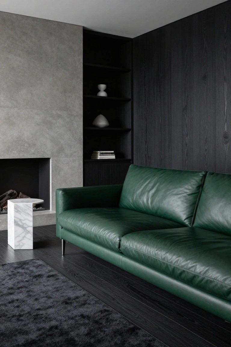 Modern living room with a plush green leather sofa positioned in front of a concrete fireplace, flanked by black wood walls and built-in shelves holding white ceramics, plus a white marble side table on dark wood flooring.