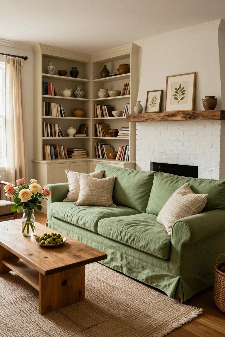 A green slipcovered sofa faces a white brick fireplace in a living room corner with tall cream built-in bookshelves filled with books, ceramics, and vases, alongside a wooden coffee table, vase of roses, bowl of grapes, and beige rug on wood floors.