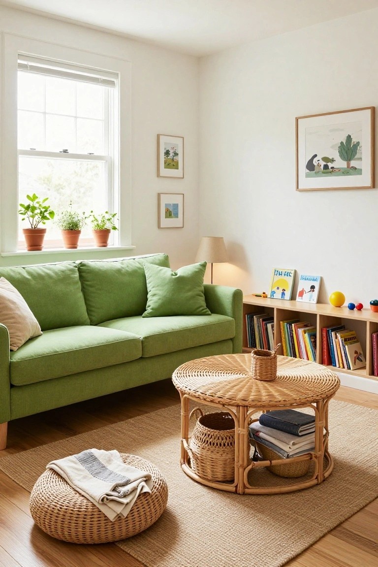 Bright green sofa in a white-walled living room with bookshelves full of colorful books, rattan coffee table and pouf on a beige rug, potted plants by the window, and wooden toys on shelves.