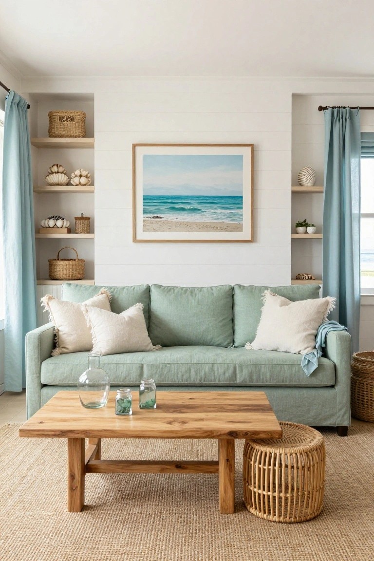 Living room with light green linen sofa on seagrass rug, wooden coffee table, wicker baskets and stool, shiplap walls, built-in shelves with shells and plants, ocean painting, and blue curtains by window.