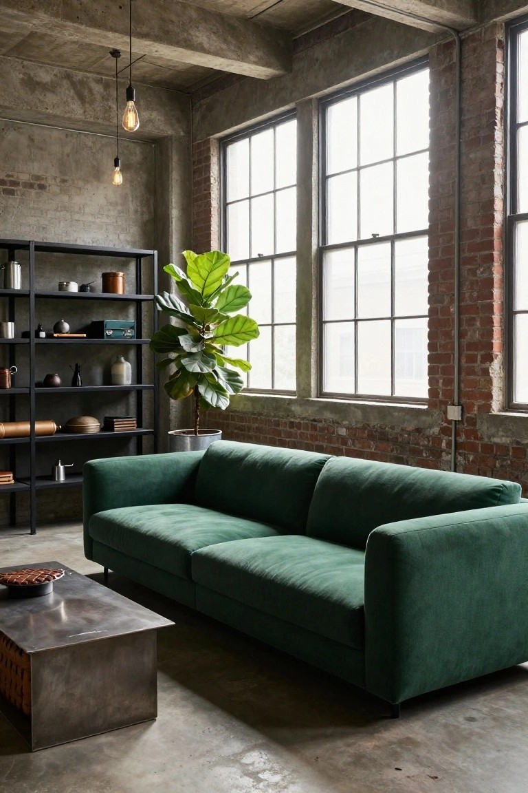 Industrial living room with large green velvet L-shaped sofa, black metal shelving unit holding ceramics and books, tall potted fiddle leaf fig plant, exposed concrete ceiling and brick walls, large multi-pane windows, and metal coffee table.