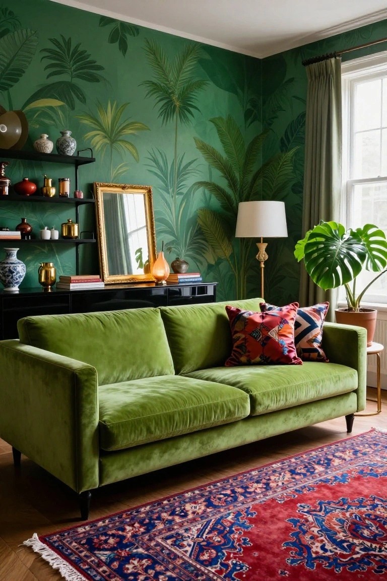 Green velvet sofa in a living room with dark green palm leaf wallpaper, black shelving and credenza, gold-framed mirror, potted plants, colorful pillows, brass lamp, and red Persian-style rug on wood floor.