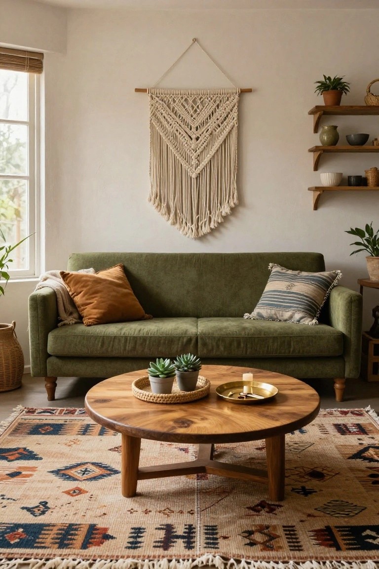 Cozy green velvet sofa with wooden coffee table and macramé wall hanging.