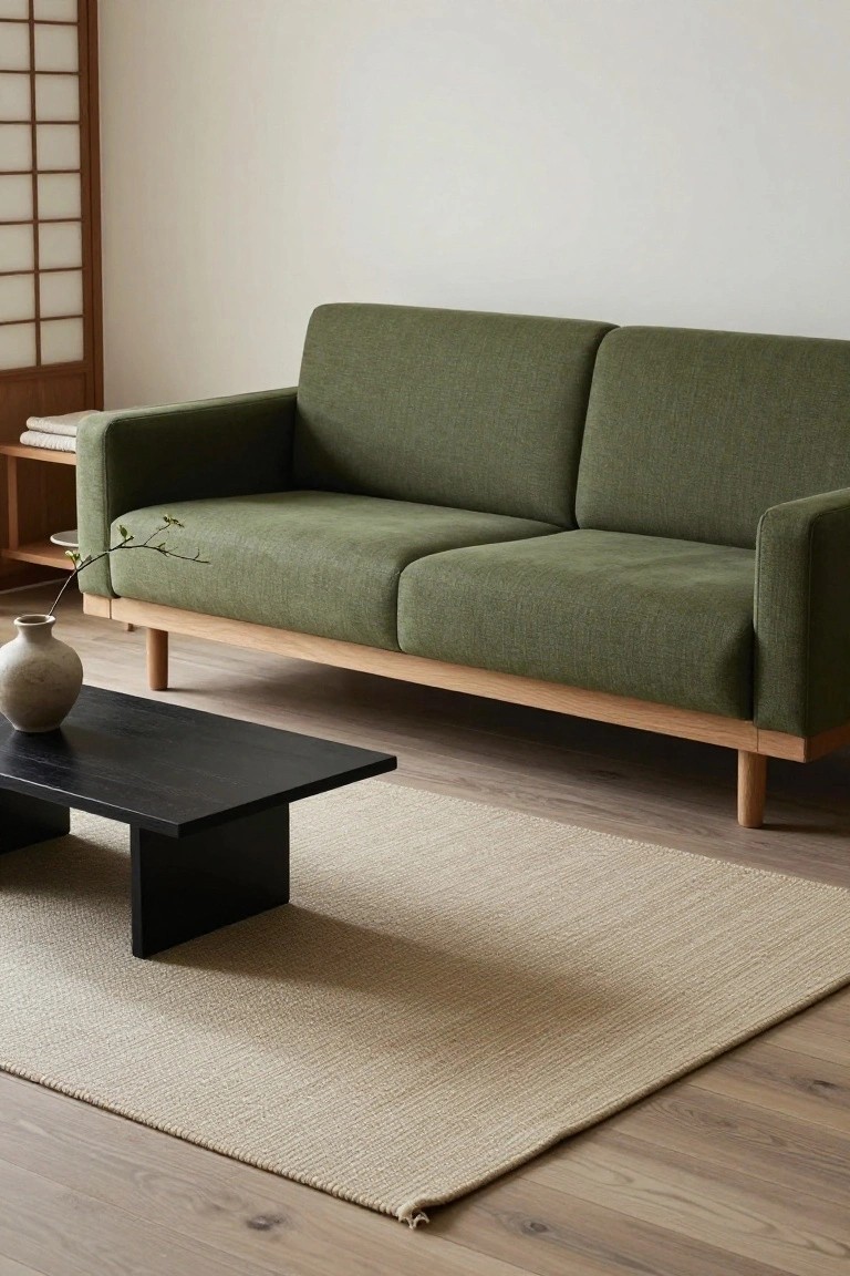 Green fabric sofa with wooden legs beside black coffee table on beige rug.