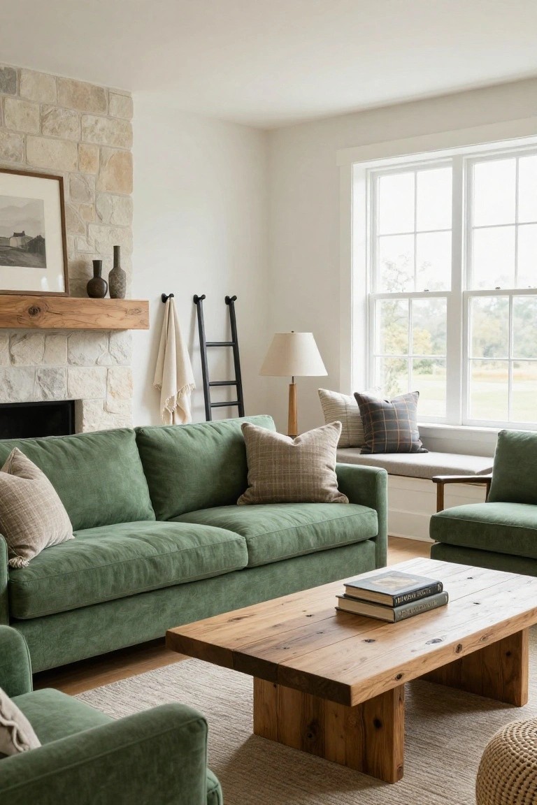 A living room with plush green upholstered sofas, a stone fireplace with wooden mantel, wooden coffee table stacked with books, window seat with pillows, black ladder, and beige area rug.