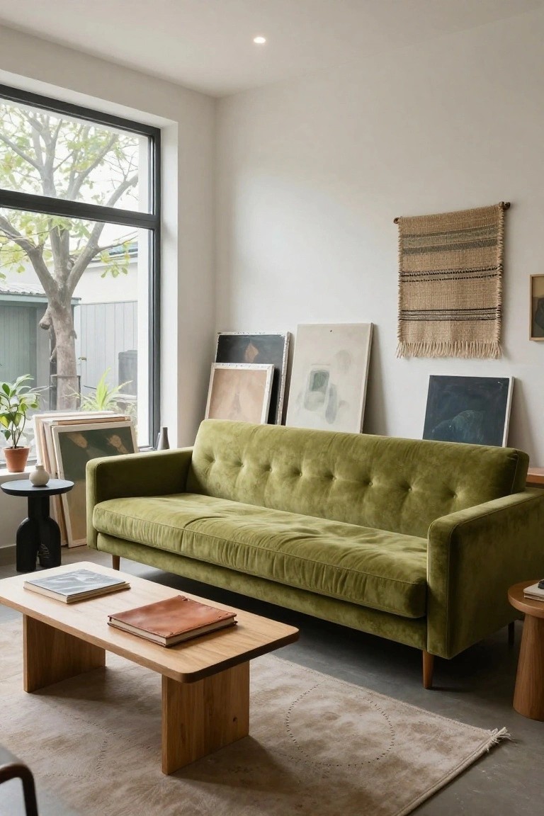 A green tufted velvet sofa in a white living room with large black-framed window showing a tree outside, several abstract paintings and canvases leaning on walls, low wooden coffee table with books, black side tables, potted plants, and beige rug.