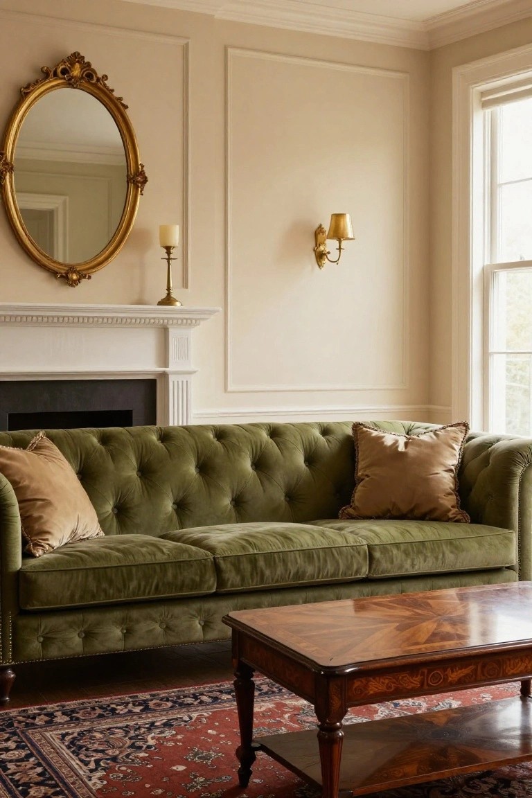A traditional living room with a green velvet tufted sofa in front of a white fireplace, gold-framed mirror above the mantel, wooden coffee table on a Persian rug, and wall sconce.
