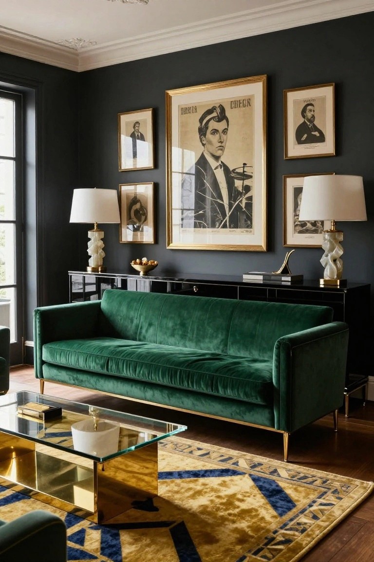 Living room with green velvet sofa on gold legs, black credenza, gold lamps with white shades, large gold-framed poster and other art on dark walls, brass and glass coffee table, and yellow rug with blue accents.