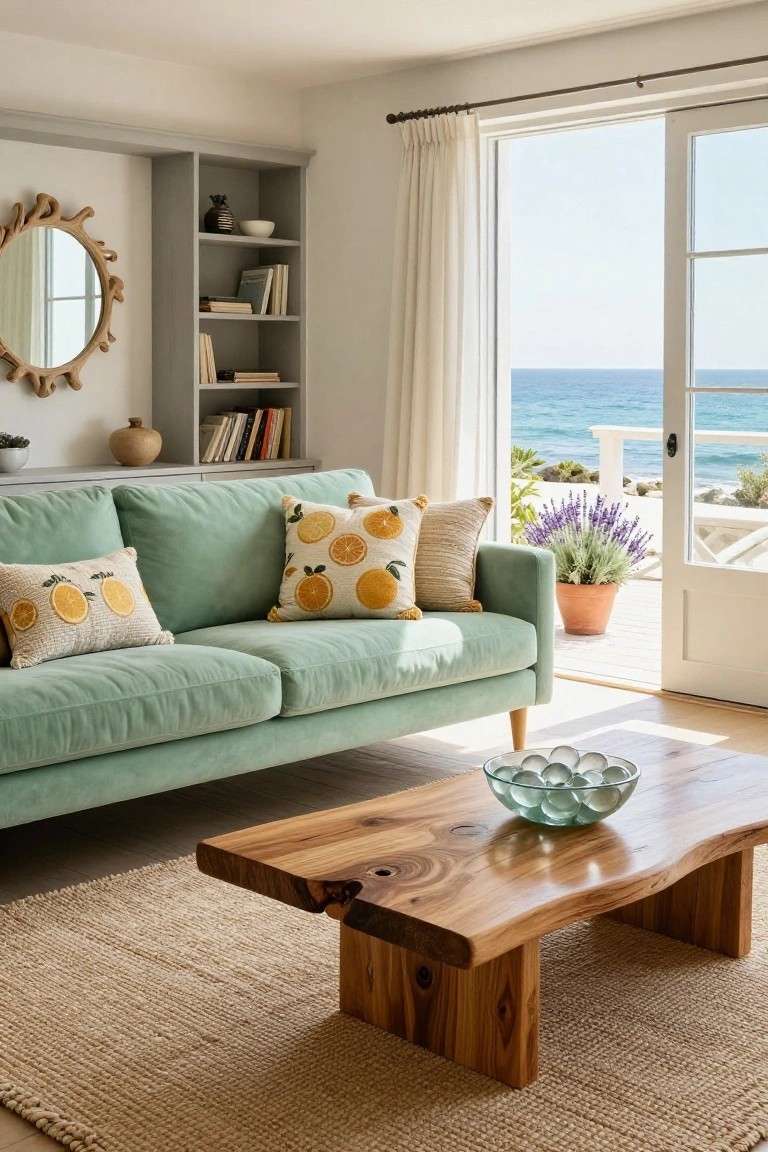 Light green velvet sofa with orange fruit-patterned pillows on a living room facing the ocean through open sliding doors, with gray bookshelves, a live-edge wood coffee table, and potted lavender outside.
