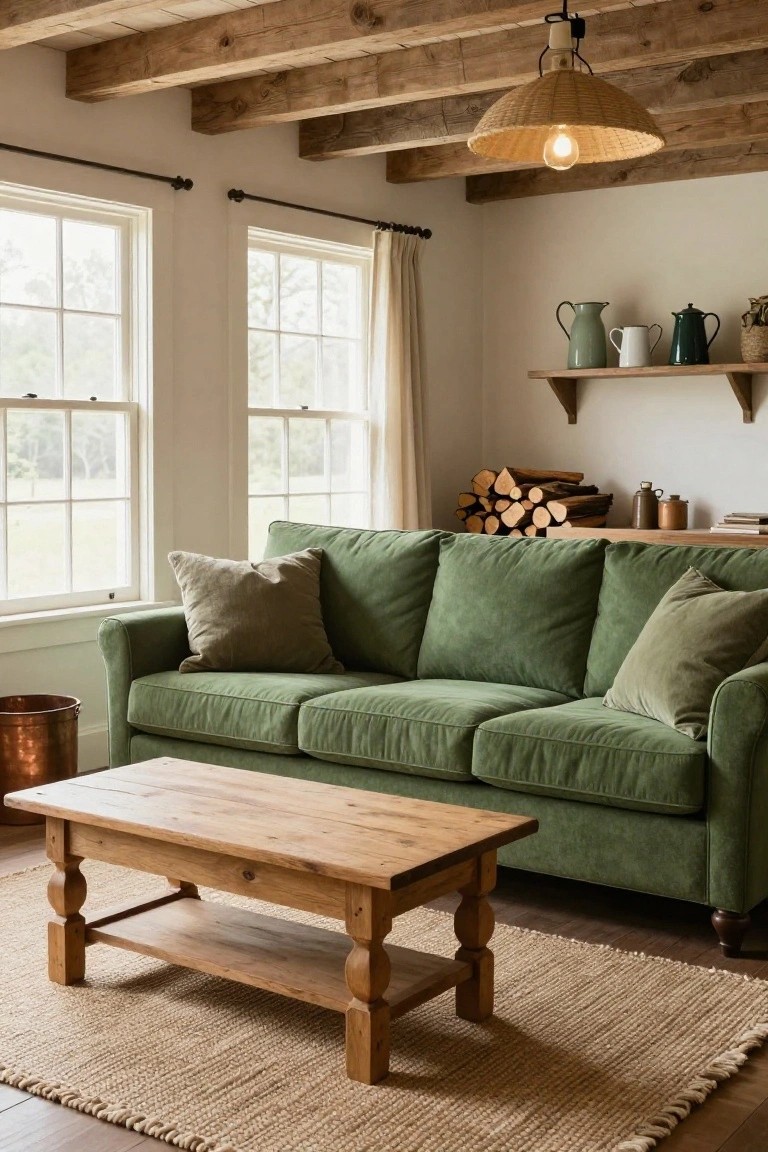 Living room interior with green velvet three-seat sofa, wooden beam ceiling, wooden coffee table on seagrass rug, large windows, shelves holding pottery and firewood stack.