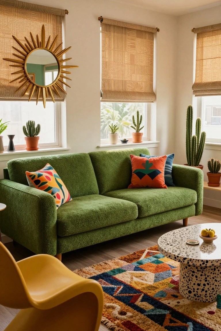 Bright living room with shaggy green sofa piled with colorful patterned pillows, potted cacti on windowsills, gold sunburst mirror, woven blinds, yellow molded plastic chair, speckled coffee table, and multicolored rug.