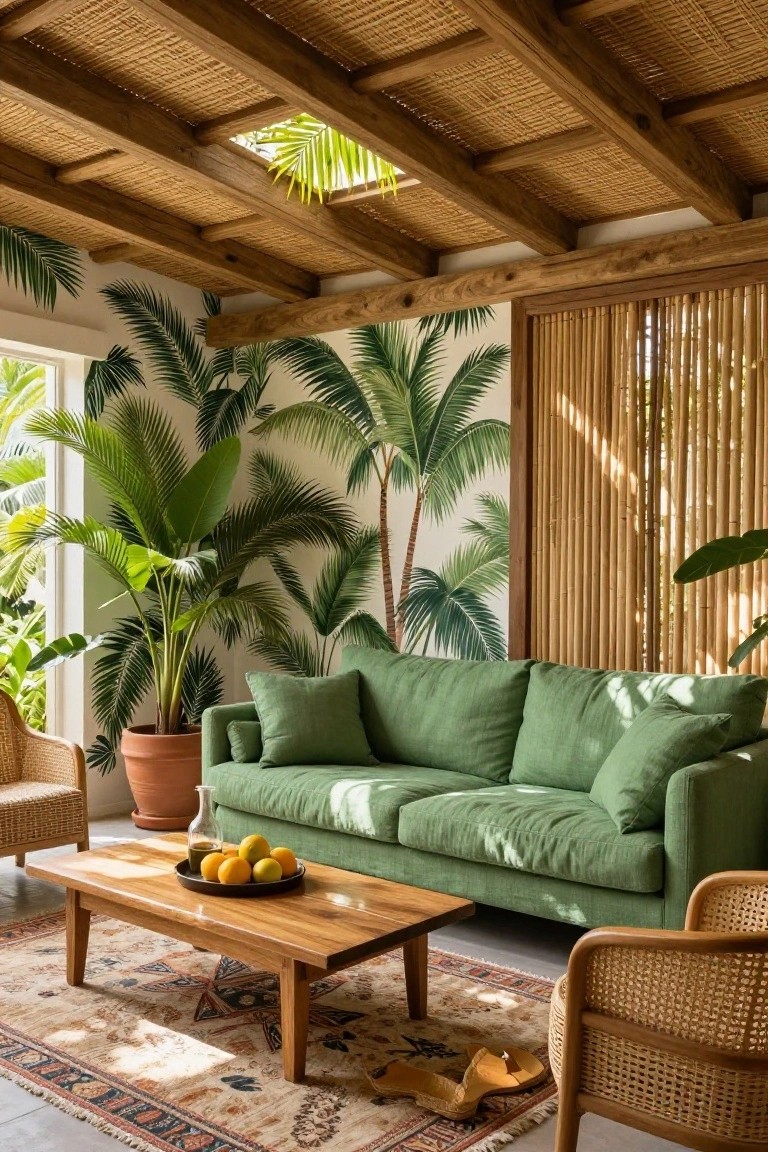 A sunlit tropical living room with green sofa and wooden furnishings.