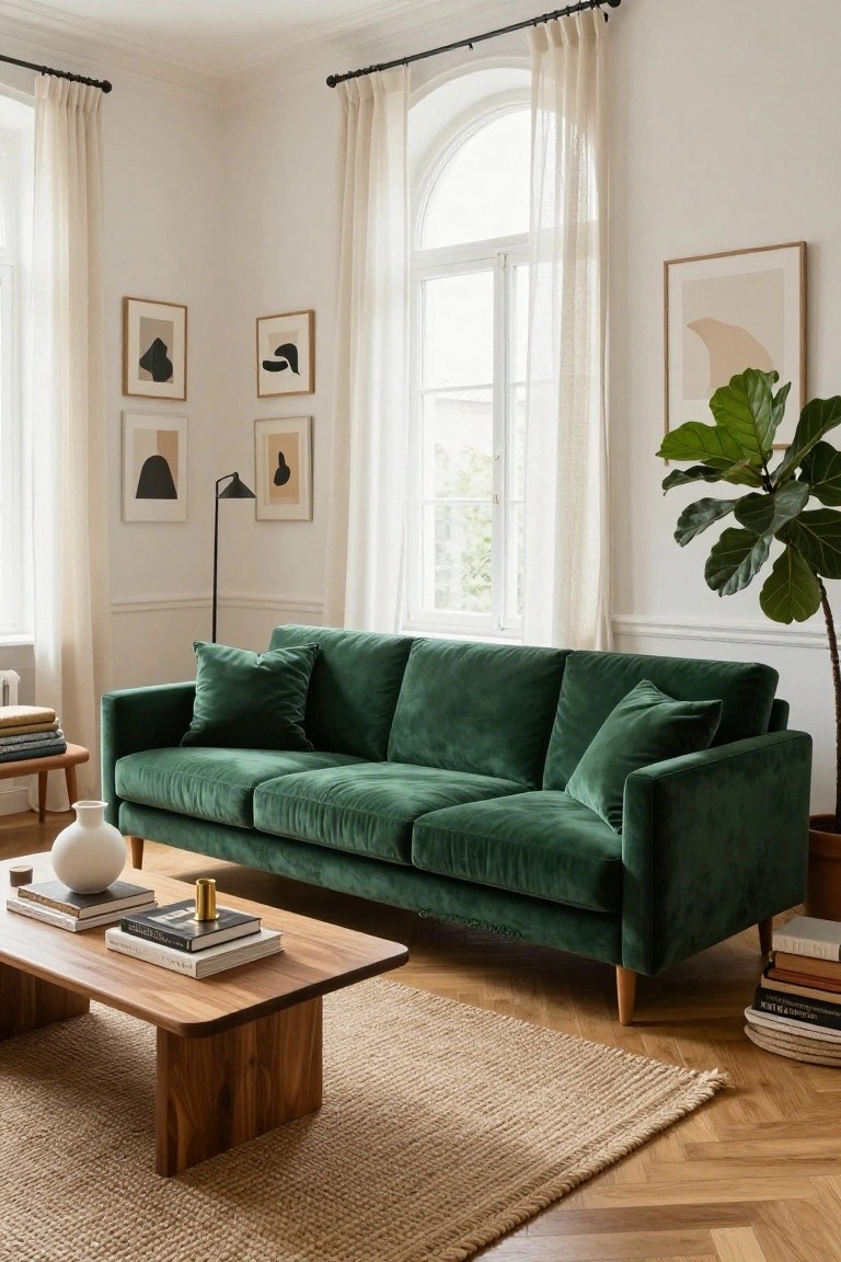A bright living room with a green velvet three-seater sofa, low wooden coffee table stacked with books, beige seagrass rug, tall fiddle leaf fig plant, abstract framed art on white walls, black floor lamp, and large arched windows with sheer curtains.